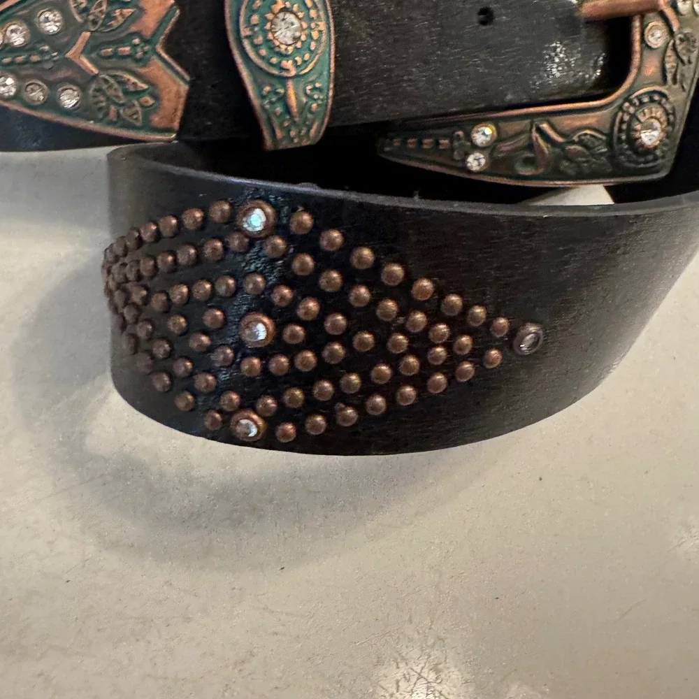 Steve Madden Leather Belt Women sz M Black Western Studded Rhinestone SM30566TJ
